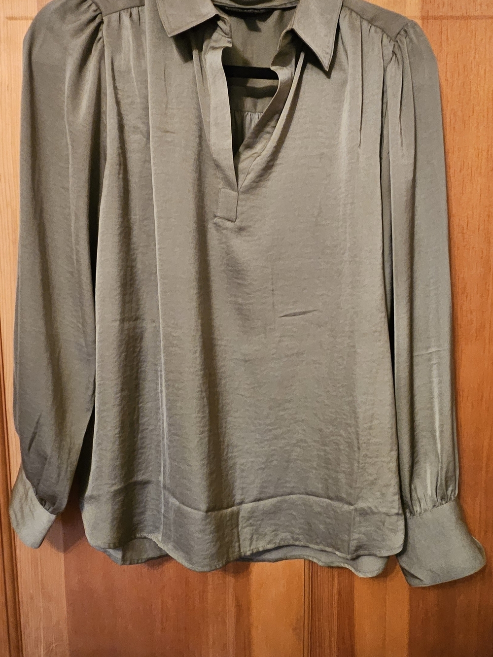 Banana Republic Olive Green Satin V-Neck Blouse
